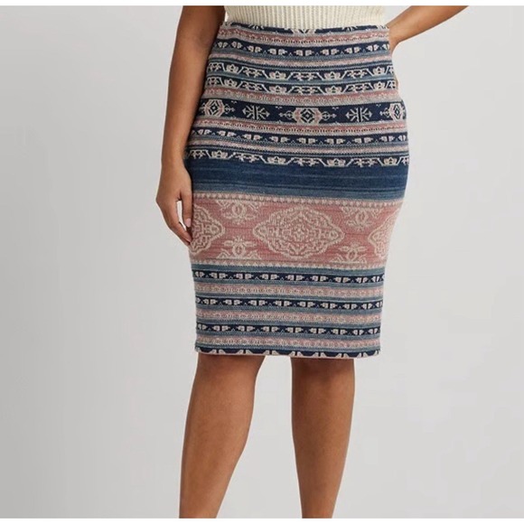 Lauren Ralph‎ Lauren Women Size 3X Geo-Motif Linen Blend Pencil Skirt Pink Blue